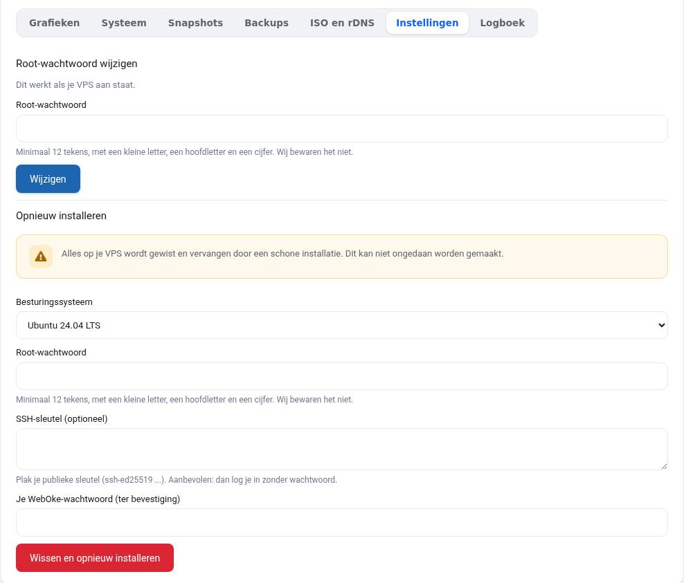 O separador Definições com Alterar a palavra-passe de root