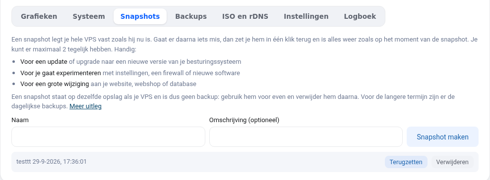 O separador Snapshots no ecrã do VPS